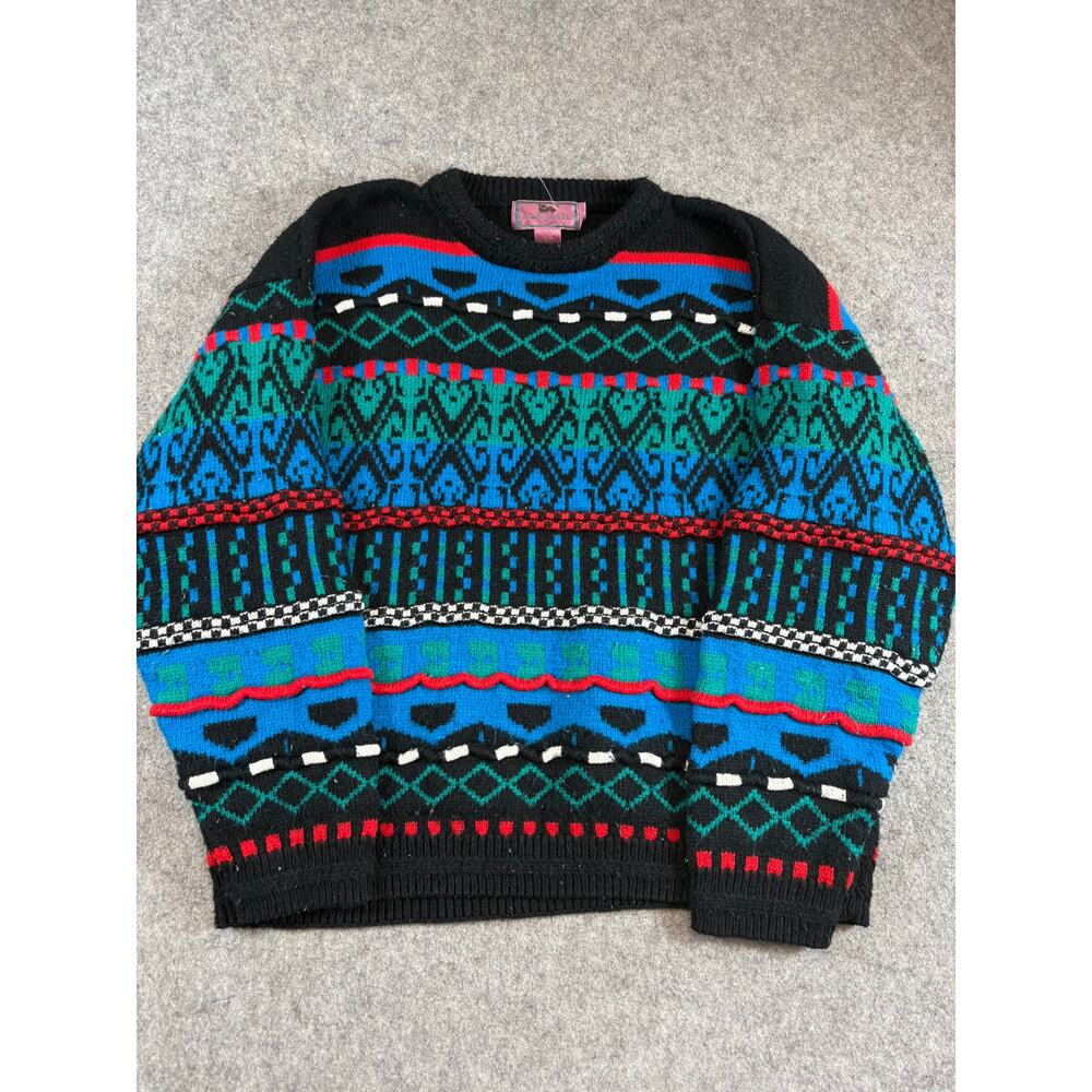 Vintage 90s Concrete Mix Sweater Mens Large Black Blue Knit 3D Knit Boho VTG